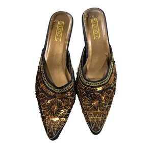 Studio C Vintage Y2K Sequin Embellished Kitten Heel Mules Gold Bronze‎ McBling 8